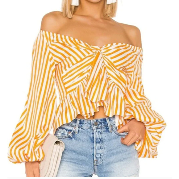 Caroline Constas Onira Top Striped Blouson Sleeve Crop Orange White Size Small - Picture 1 of 13